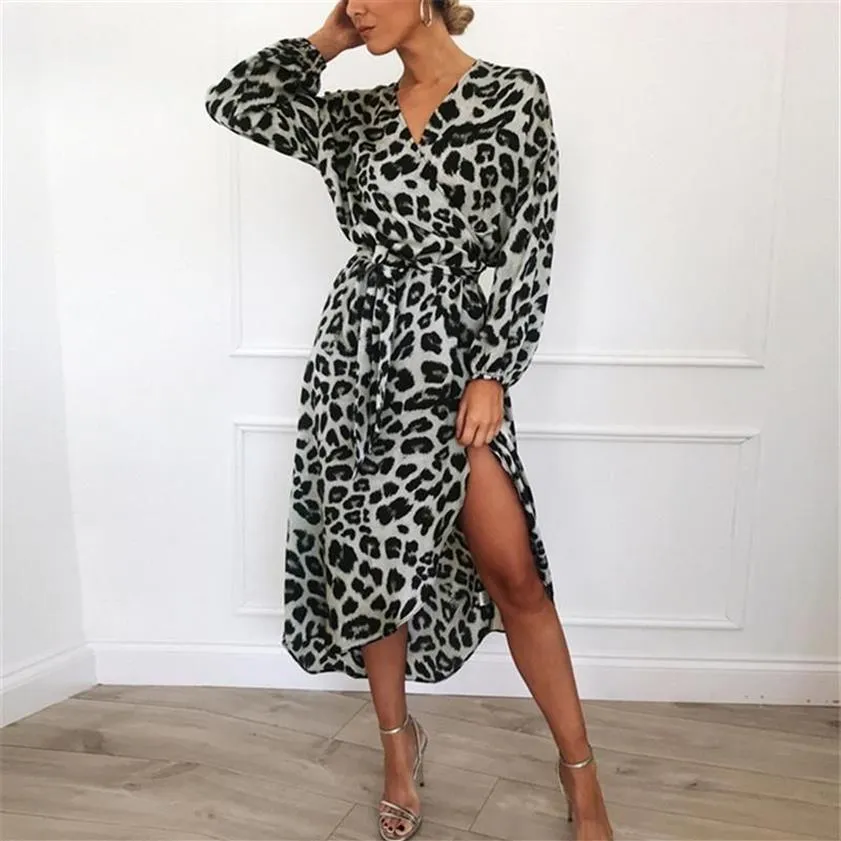 Casual Kleider Leopard Kleid Herbst 2021 Frauen Elegante Chiffon Midi Lose Langarm V-ausschnitt Party Tunika Vestido 4 Farben283w