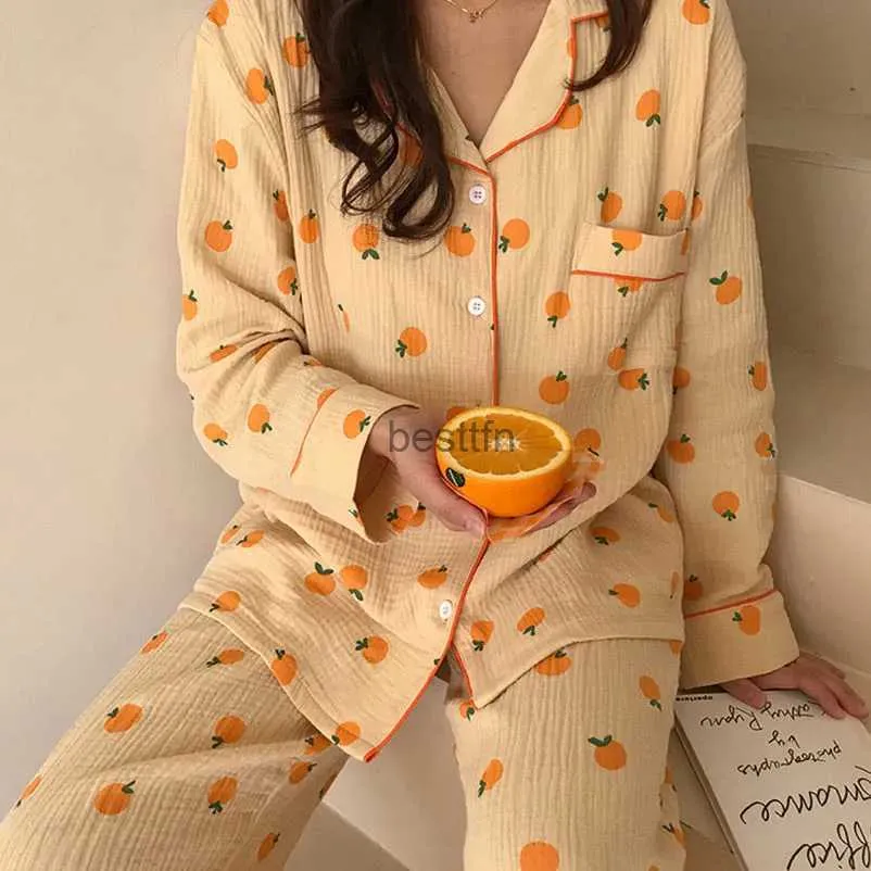 Women's Sleep Lounge Kawaii Cotton Home Suit Korean Sleepwear Orange Print Pyjamas Women Autumn Pijama Pyjamas Long Sleeve Pants 2piece Set Nightwearl231005