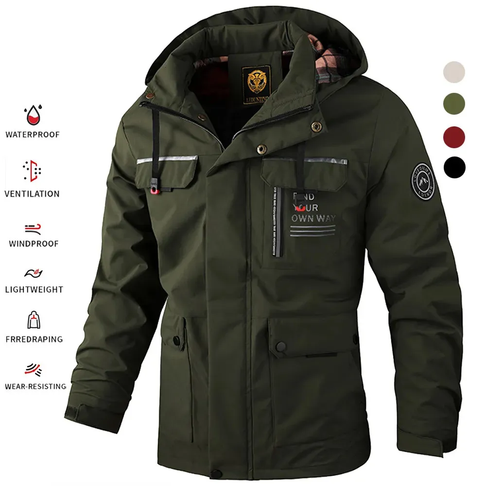 Mens Jackets Men Tactical Zipper Jacket Outdoor Hooded Multi Pocket Windbreaker Waterproof Fashion Coat Camping Triping Casual Spring Clothes 231005