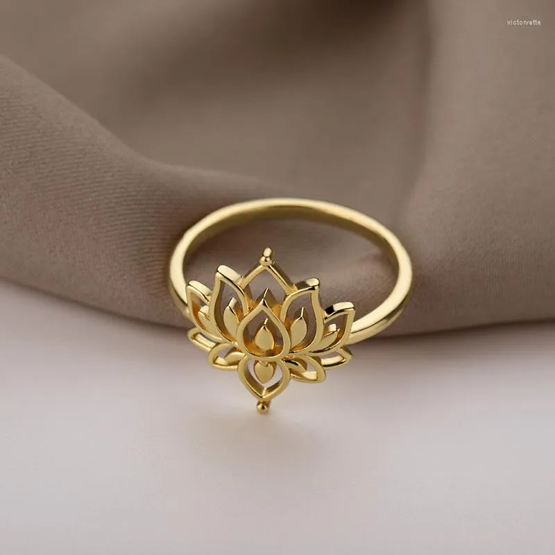 Bagues de cluster Vintage Fleur de Lotus pour femmes en acier inoxydable couleur or bouddha yoga bague de mariage bijoux cadeau