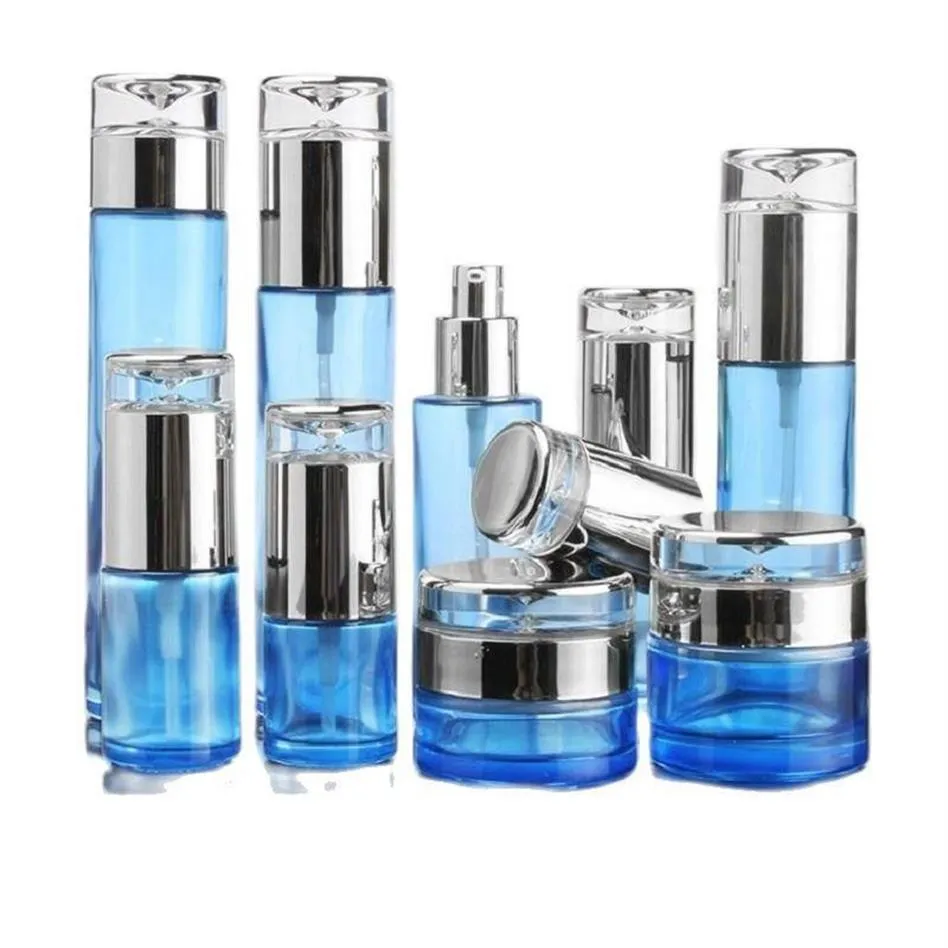 Botellas de almacenamiento Frascos 20-120 ml Perfume Mist Spray Azul 30 50G Frasco de crema de vidrio Tapa de gota de plata Suero de aceite Emulsión recargable Lotio262G