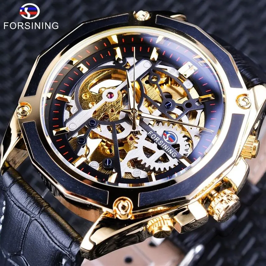 Forsining Transparante Kast Tandwielbeweging Steampunk Heren Automatisch Skeleton Horloge Topmerk Open Werk Ontwerp Zelfopwindend216z