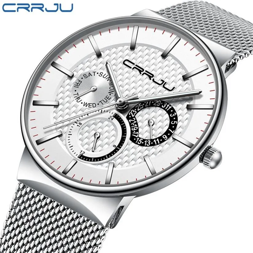 Orologi da uomo CRRJU Top Brand di lusso impermeabile ultra sottile data orologio cinturino in acciaio maschile orologio al quarzo casual orologio sportivo bianco L2915