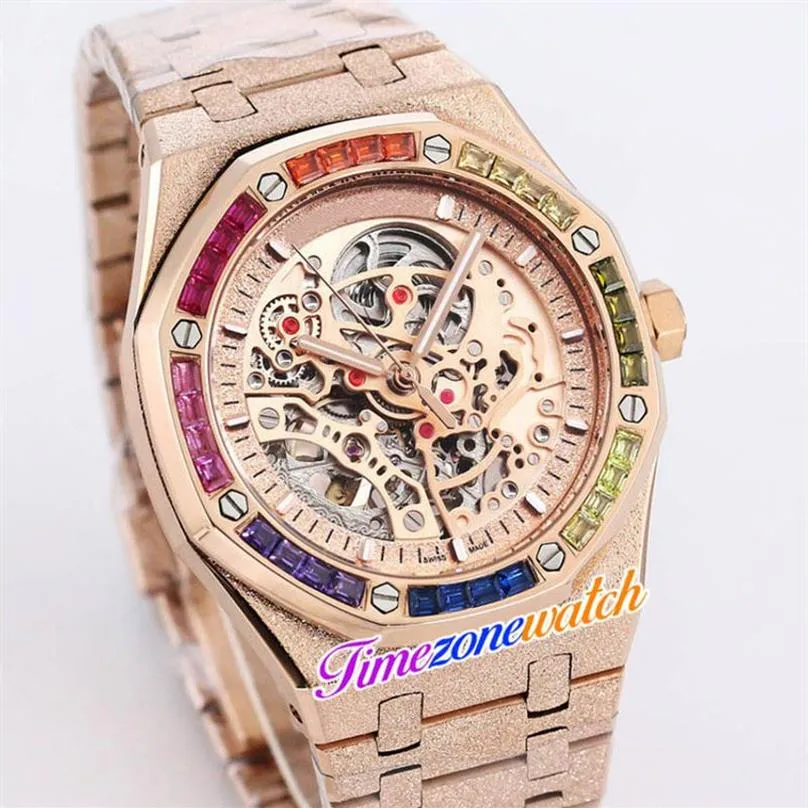 K8F 41 mm Skelett-Tourbillon-Zifferblatt, automatische Herrenuhr, komplett in Roségold, Frostgoldgehäuse, mattiertes Stahlarmband, Regenbogendiamant, Watche3232