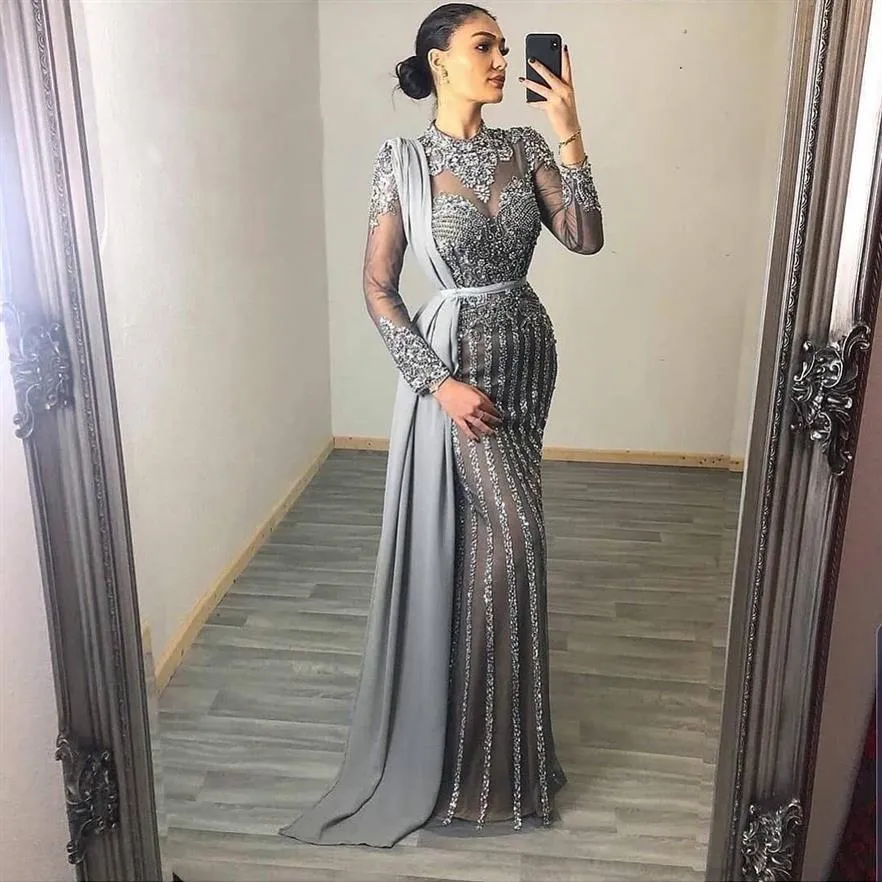 Árabe aso ebi gris lujosos vestidos de noche de sirena cristales con cuentas vestidos de fiesta cuello alto fiesta formal segunda recepción gonws z281V