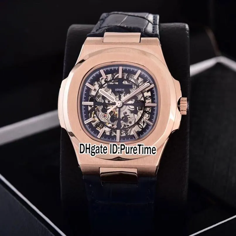 New Classic 5711 Rose Gold Blue Skeleton Big Logo Asia 2813 Automatic Mens Watch Blue Leather Strap Watches 12 Colos Puretime PB30281o