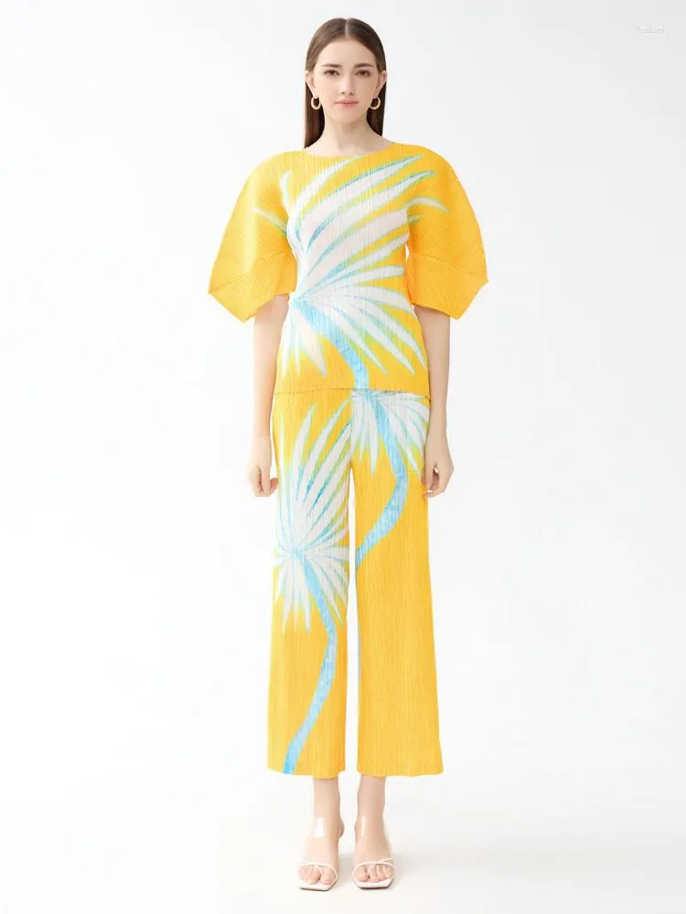 Vrouwen Tweedelige Broek Miyake Geplooide Palmboom Gedrukt Bubble Mouw Top Broek Sets Vrouwen 2023 Koreaanse Designer Kleding