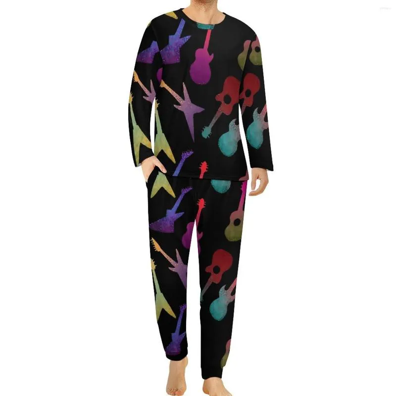 Nachtkleding voor heren Muzieknoten Pyjama Lente Gitaren Print Vrije tijd Nachtkleding Man Tweedelige Grafisch Lange mouw Kawaii Big Size Pyjamasets