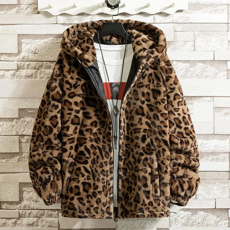 Men's Jackets Idopy Winter Autumn Men Leopard Warm Zip Up Faux Fur Fleece Hoodie Jacket Hooded Outerwear Coat Overcoat