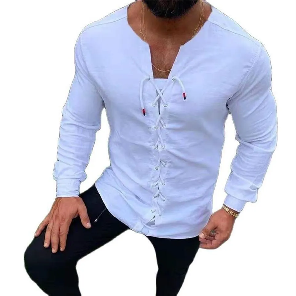 Camicie casual da uomo Camicia di moda tinta unita Camicette a maniche lunghe Abbigliamento uomo Estate Top Pullover Senza colletto Fasciatura bianca 213k