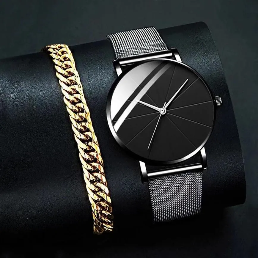 Wristwatches Fashion Men Watches Stainless Steel Mesh Band Watch Man Luxury Quartz WristWatch Gold Bracelet Business Casual Simple2058