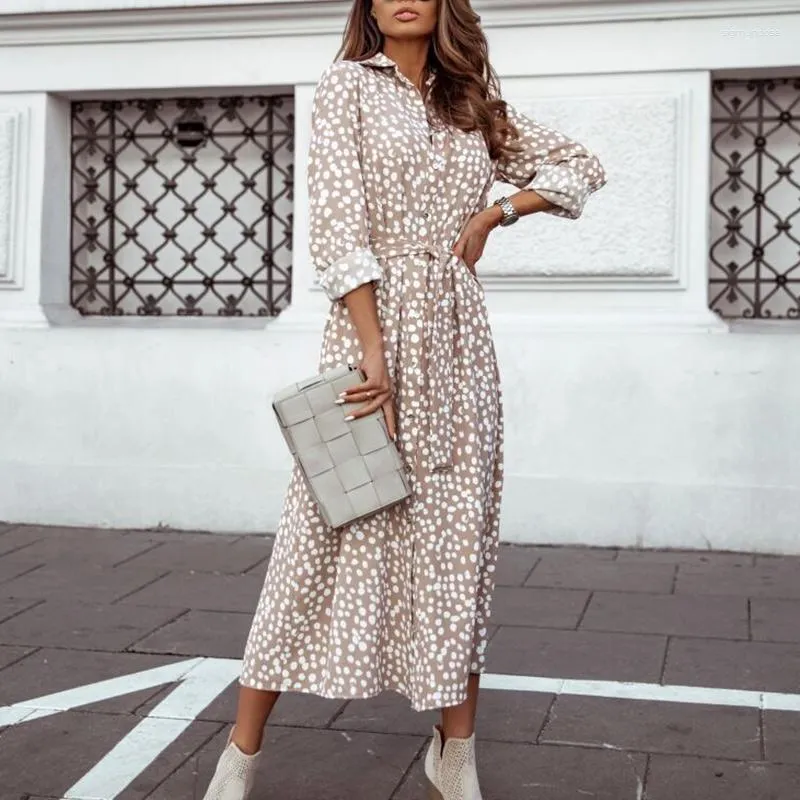 Robes décontractées Femmes Floral Print Midi Robe à manches longues Col rabattu Simple Ceinture Design Lady Simple Style Robes