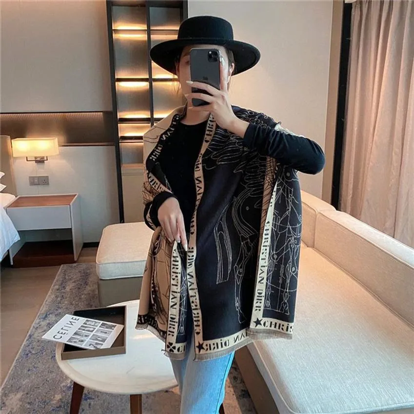 Double-Sided Cashmere Scarf Print Pashmian Shawls Warm Bufanda Women Thick Blanket Foulard Lady Design Winter Female Stoles307x