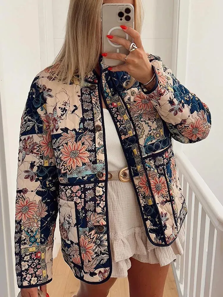 Dames Bont Faux Herfst Retro Bloemenprint Katoenen Jas Dames Single Breasted Losse Lange Mouw Jas 2023 Winter Casual Straat Dame Bovenkleding 231005