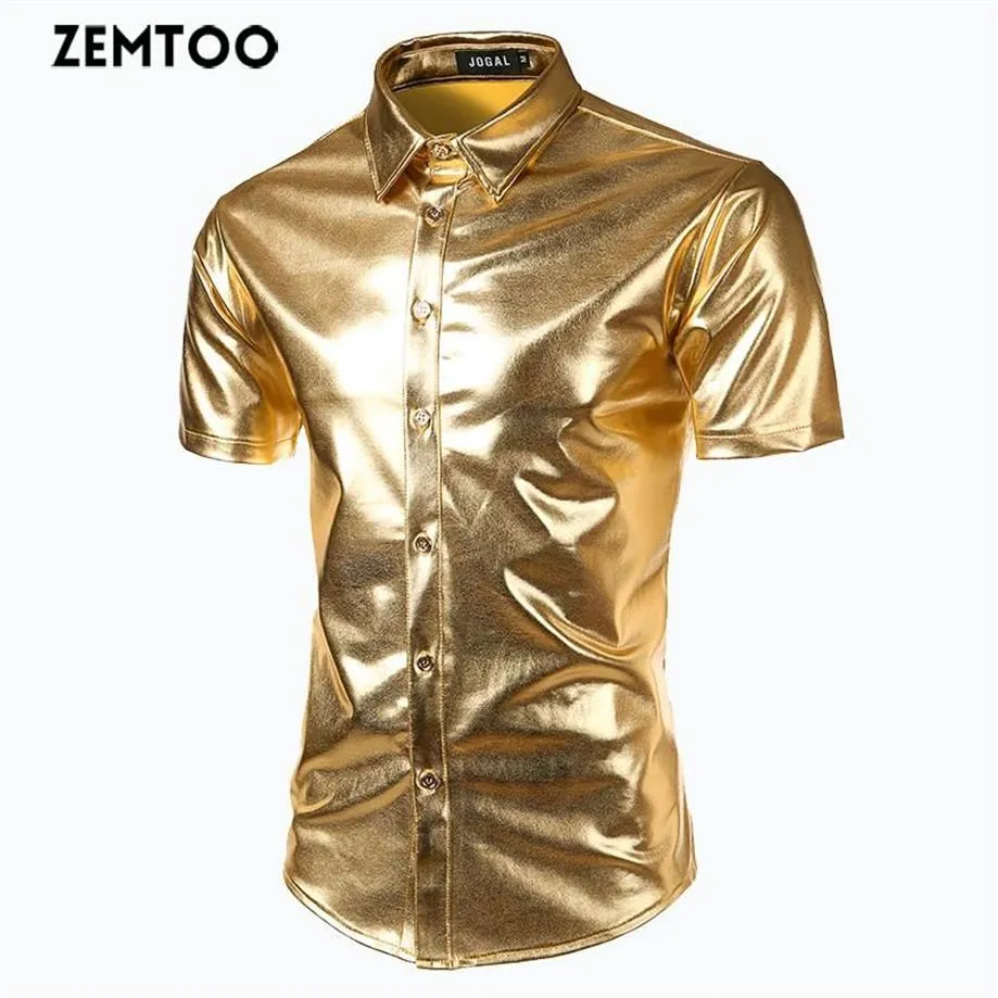 ZEMTOO camisa de manga corta para hombre estilo club nocturno plateado metálico Top Light Stage Show FD020277o