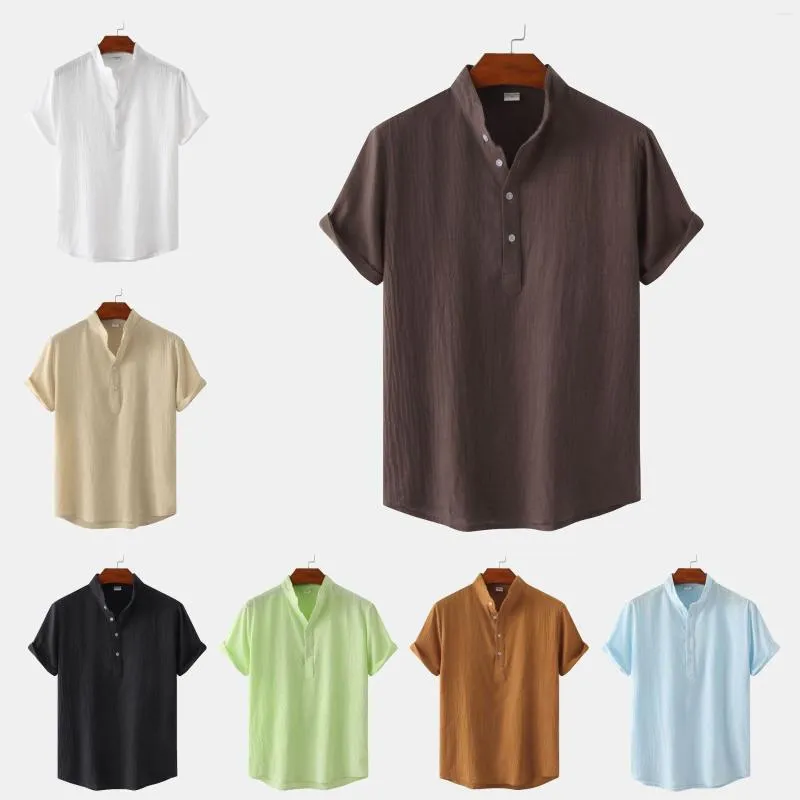 Camisas casuais masculinas café cor linho henley camisa homens 2023 verão manga curta praia desgaste botão para baixo aloha festa roupas chemise