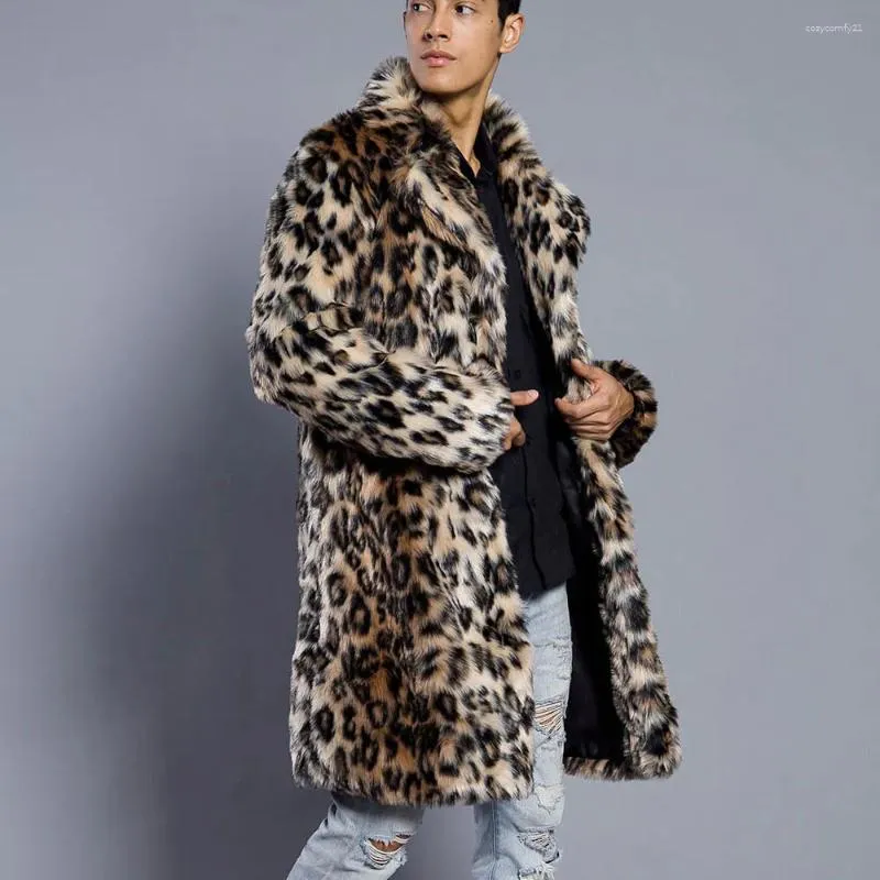 Mäns päls män leopardjackor varm tjock krage kappa faux parka mode outwear cardigan sweatshirt vinter toppar blus