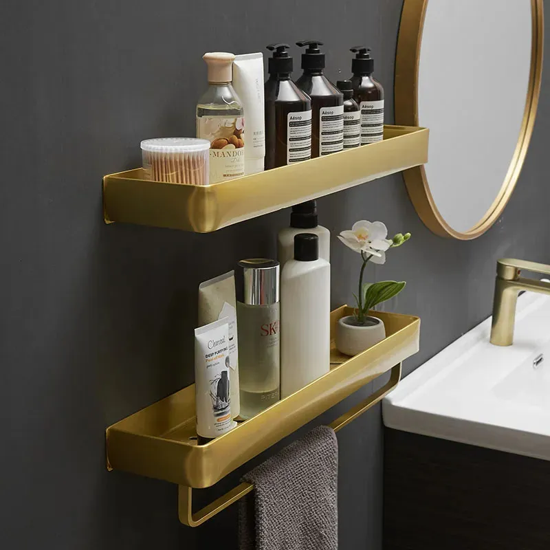 Bathroom Shelves Brushed Gold Bathroom Shelf Aluminum Cosmetic Storage Racks Towel Bar Wall Mounted Bath Shower Shampoo Shelf Bath Accessorie 230926