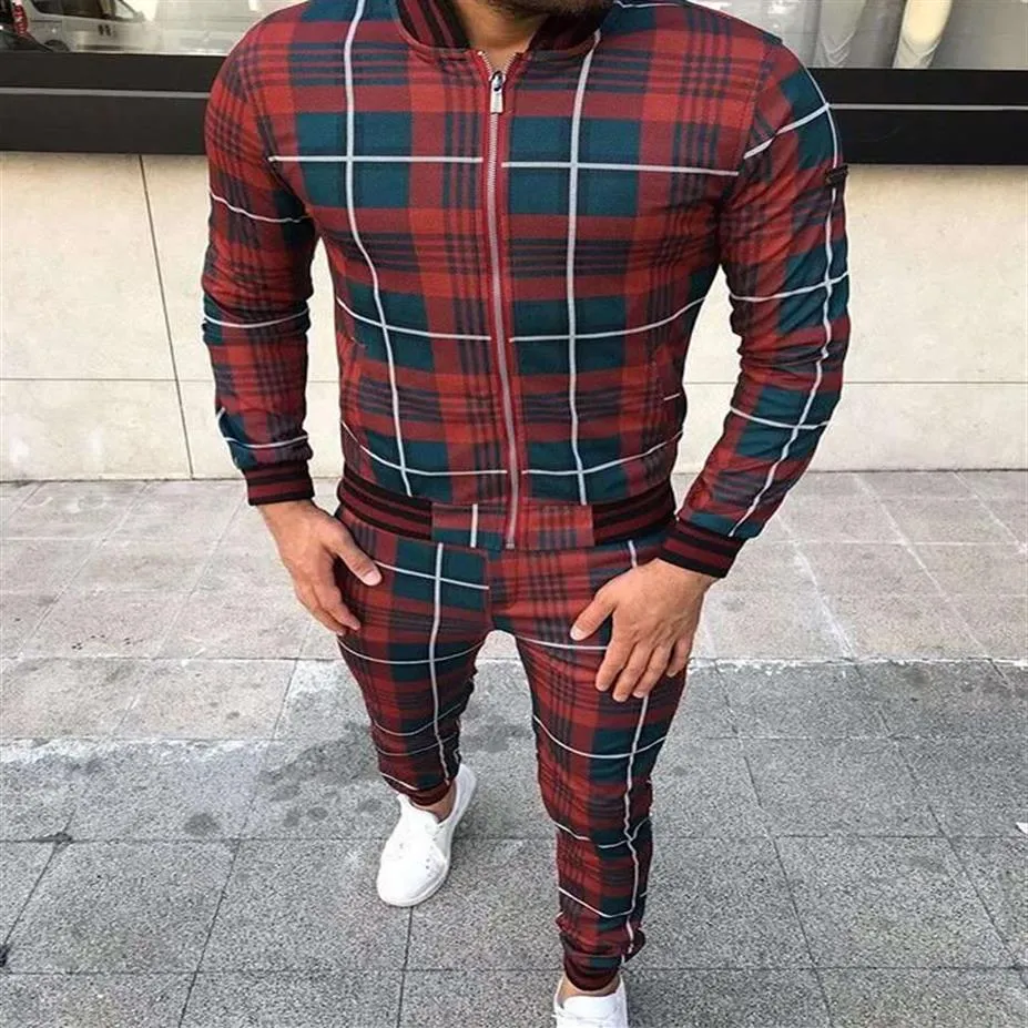 stylish plaid print tracksuit men's casual sports trousers 3D printing autumn thin zipper jacket suit274j