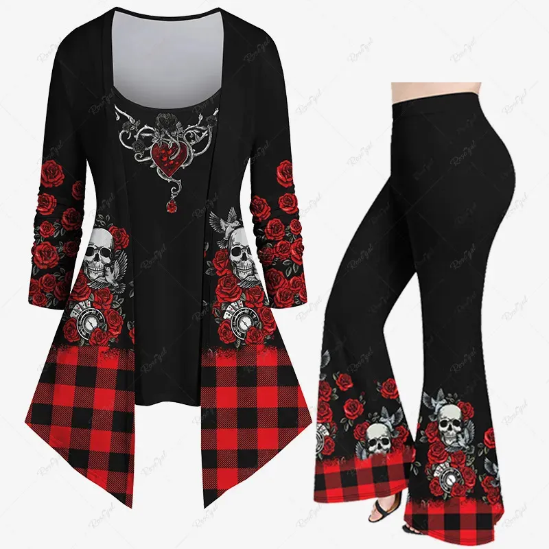 Womens Two Piece Pants Autumn Halloween 3D Skull Rose Flower Plaid Bird Pumpkin Bat Flame Print 2 in 1 Tshirt Or Flare Daily Casual Set 231005