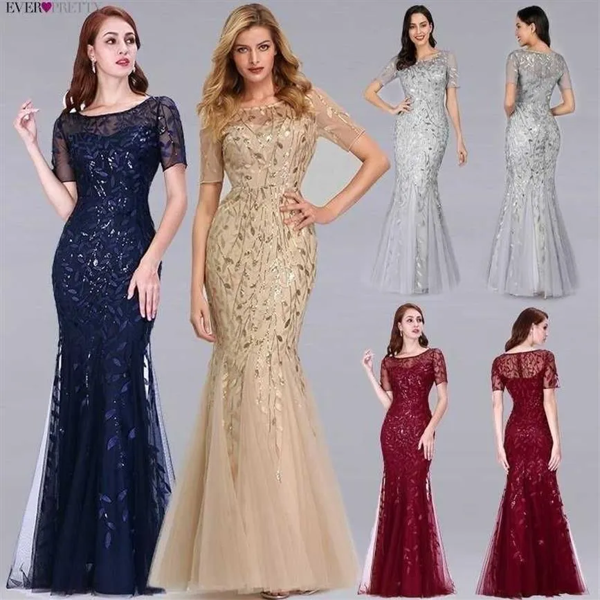 Robes de soirée formelles jamais jolie sirène col rond manches courtes dentelle Appliques Tulle longues robes de soirée Robe de soirée Sexy SH190828315d