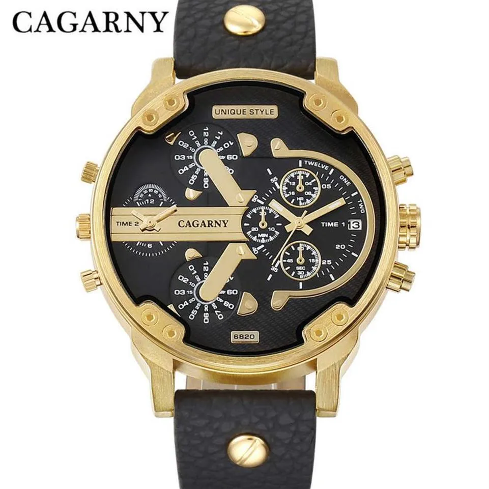 Luxury Cagarny Quartz Watch Men Black Leather Strap Golden Case Dual Times Military dz Relogio Masculino Casual Mens Watches Man X2674