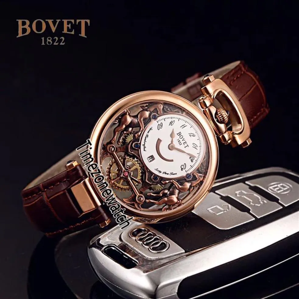 Bovet Swiss Quartz Mens Watch Amadeo Fleurier Rose Gold Skeleton White Dial Relógios Brown Leather Strap Relógios Cheap Timezonewatc272h