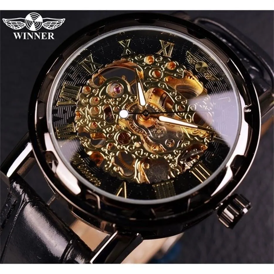 Winner Black Gold Male Clock Men Relog Skeleton s Watches Top Brand Luxury Montre Leather Wristwatch Mechanical Watch 220423235P