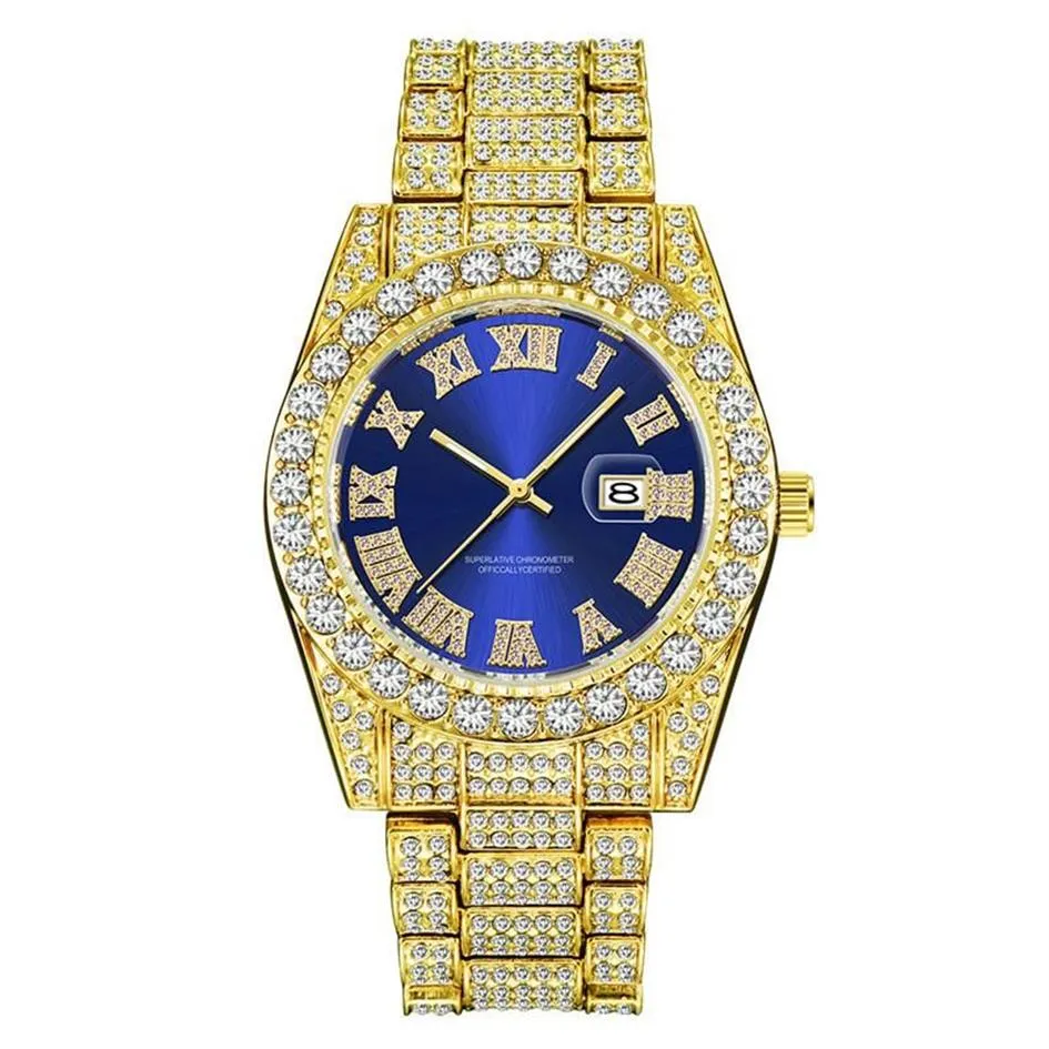 Наручные часы Роскошные золотые римские блестящие часы в стиле хип-хоп Full Iced Out, кварцевые часы с синими бриллиантами, мужские серебряные часы Diomand Reloj De Diamantes2980