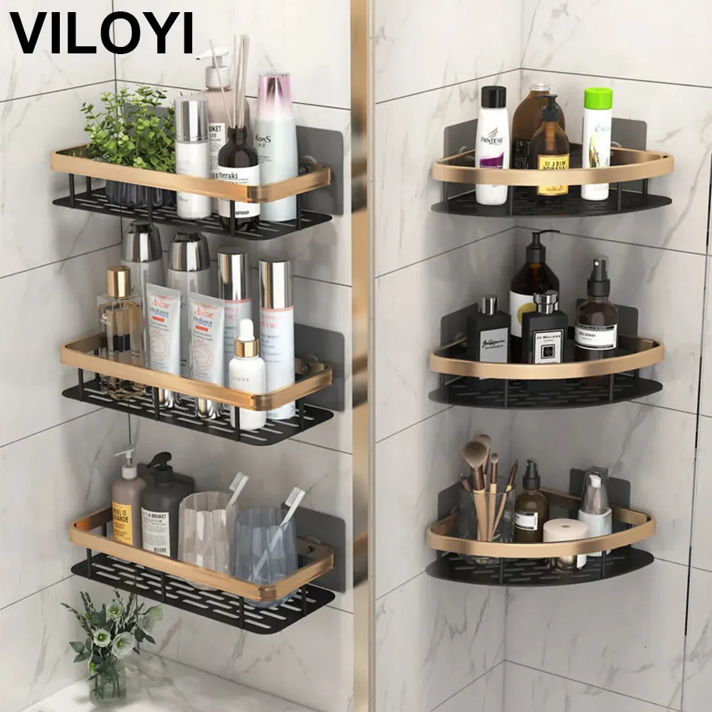 Badrumshyllor Viloyi Space Aluminium Badrumshyllor Dusch Caddy Corner Shelf Ingen borrning Lim Multilayer Wall Organizer Storage Racks 230926