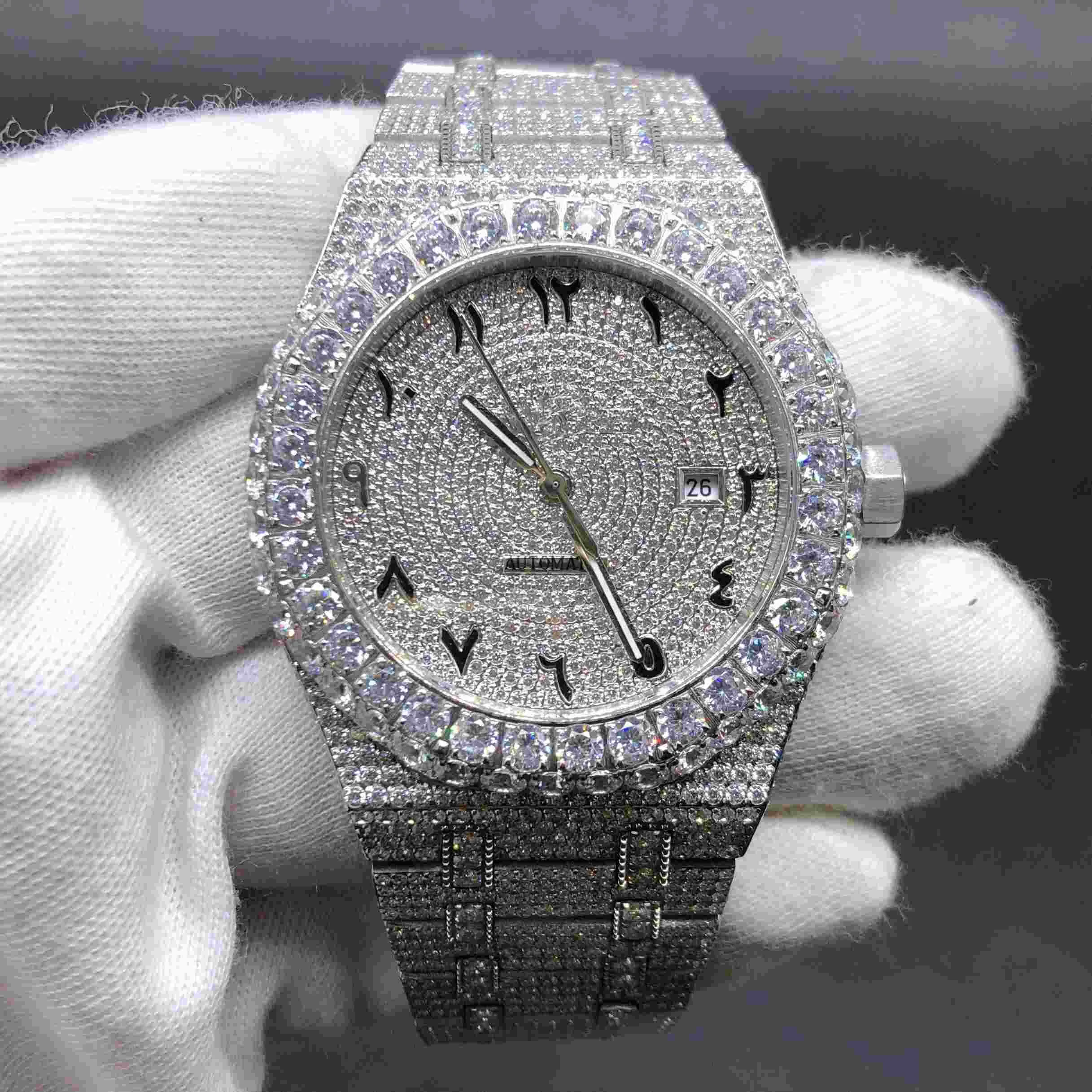 Diamond men Watch Automatic Mechanical Watches Stainless Steel 15400 8215 movement CZ diamonds silver case 42mm Arabic dial