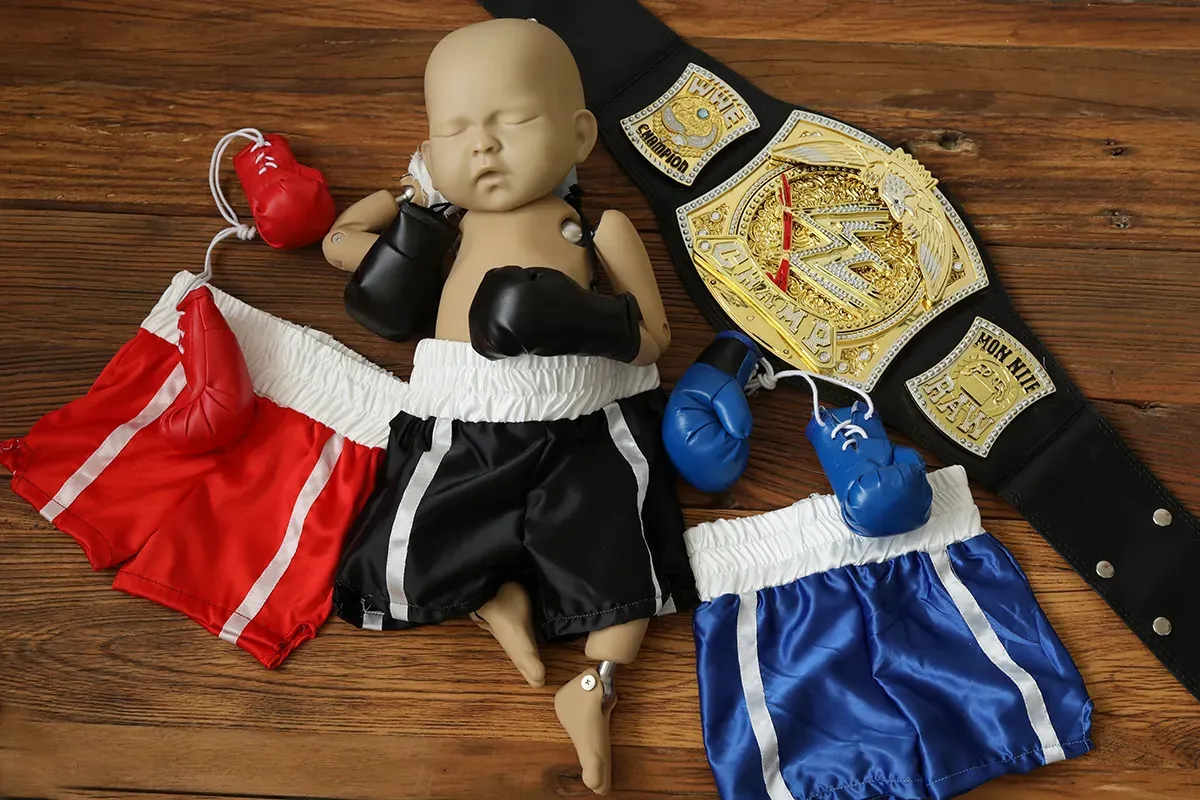 Barnmitten Born Pography Props Baby Boxing Set Handskar Shorts Bebe Po Shoot Baby Boy Pos Mini Hand Wraps 231008