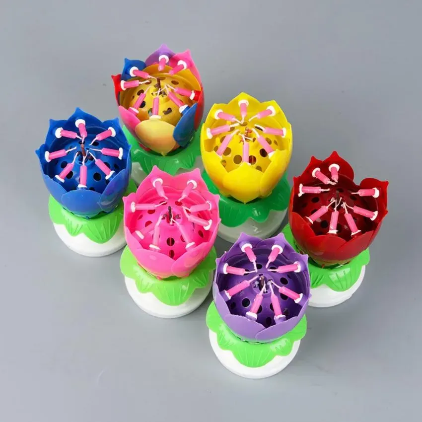 Musical Birthday Cake Candle Lotus Flower Floral Rotating candle Lotus Sparkling Flower Candles Cake Accessory Gift 1005