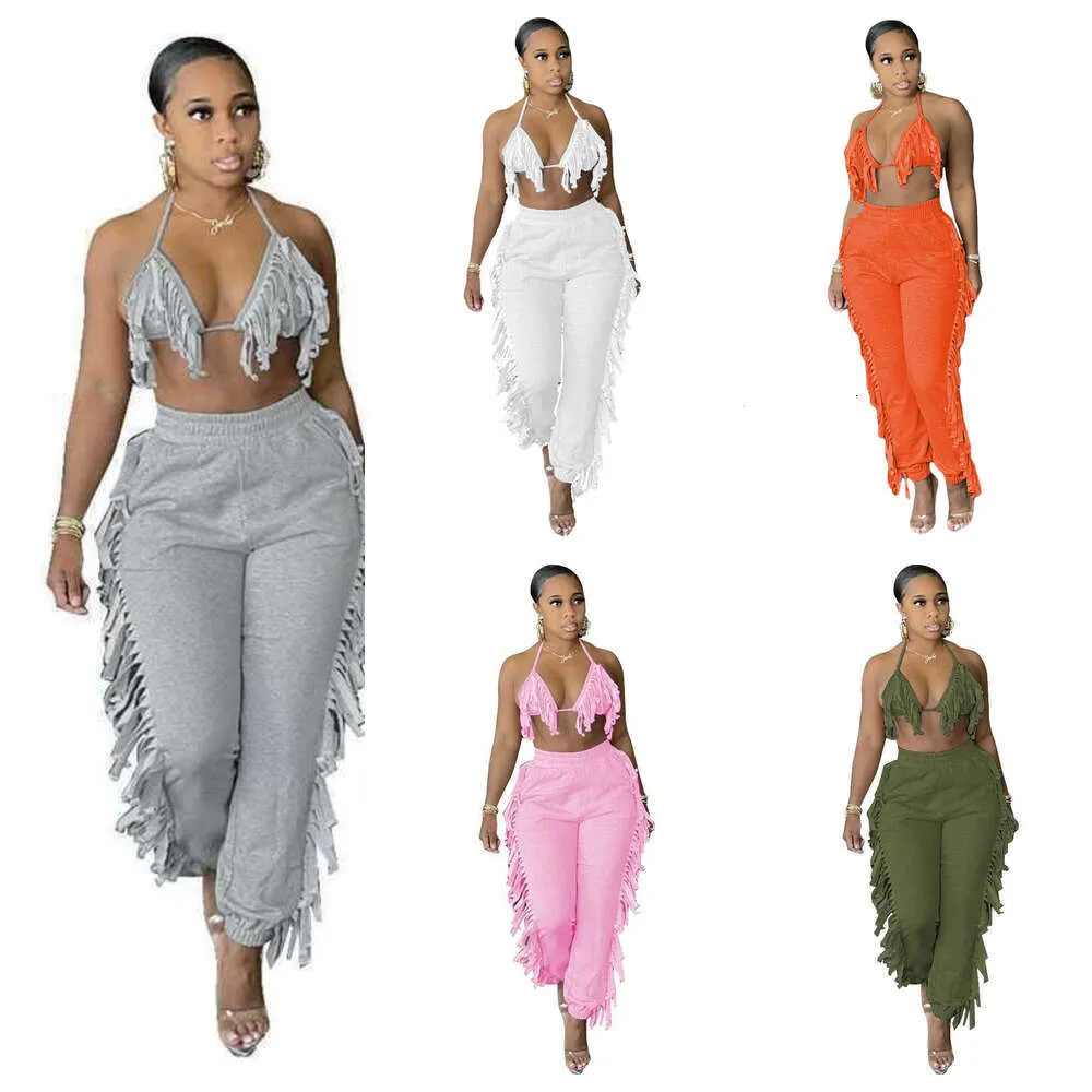 Wholesale Women Long Pants Two Piece Set New Fashion Sexy Casual Tassel Sling Lady Top Outfits Apparel Plus Size Joggings Clothing