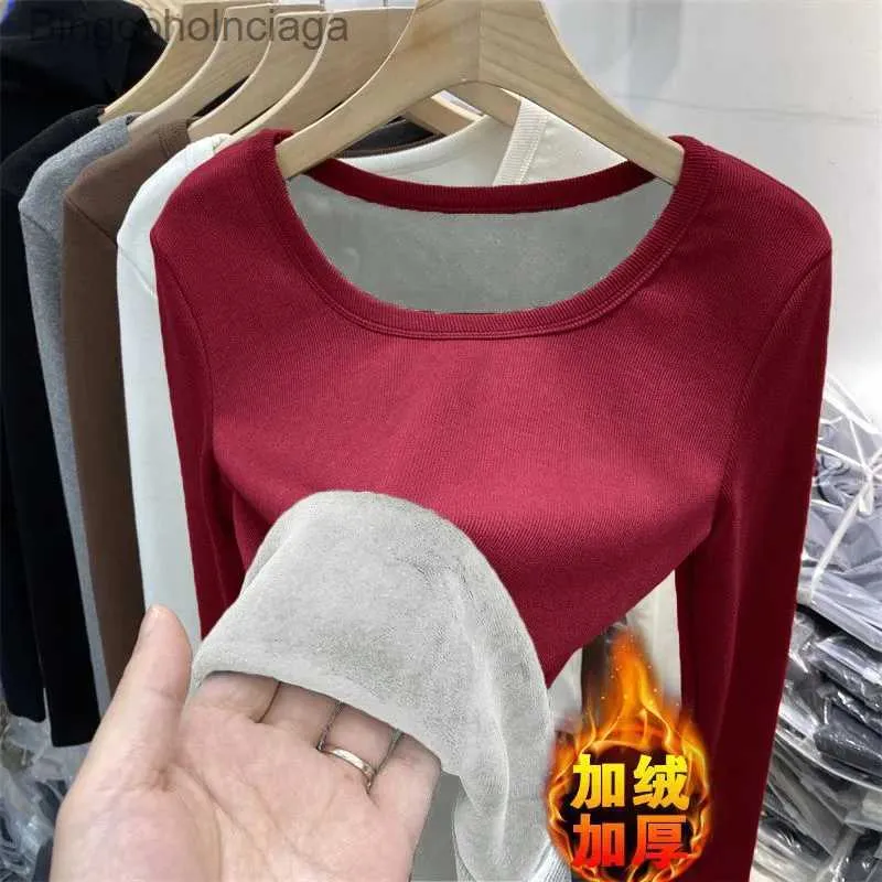 Women's Thermal Underwear Women's Winter Fleece Thermal Underwear Top O-neck Sweater Super Soft Velvet with Solid Color Warm Knitted Bottoming ShirtL231005