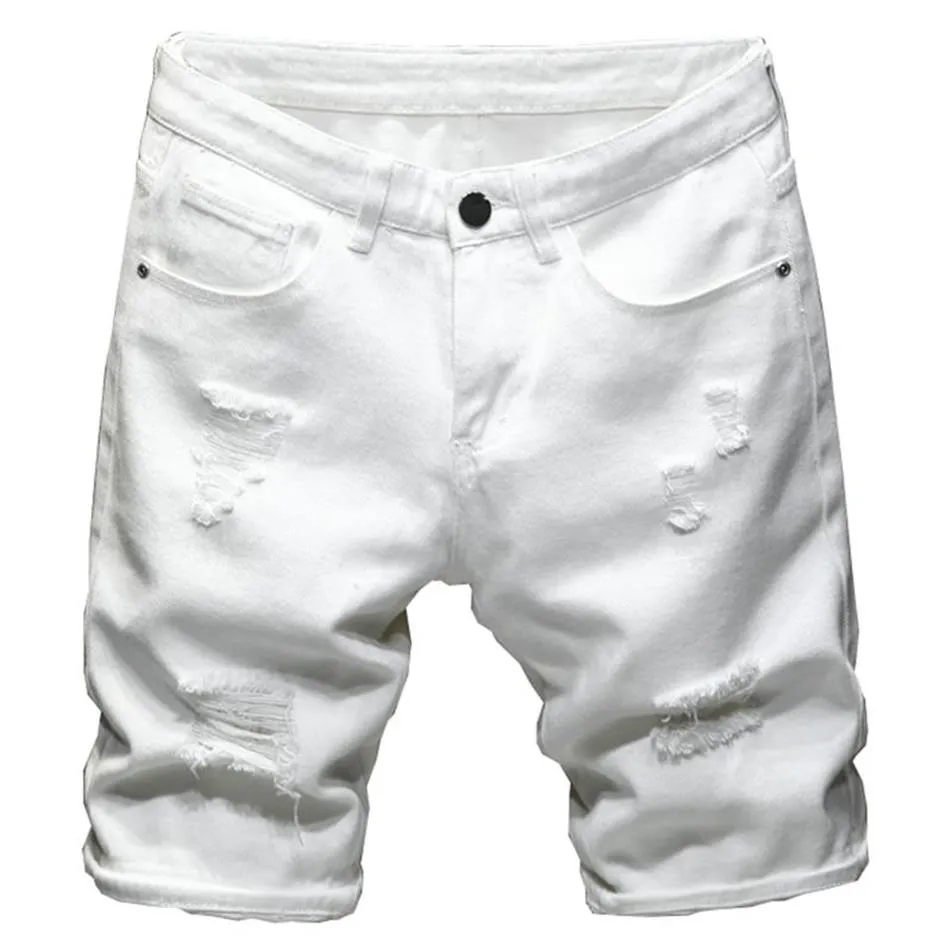 Herren Jeans Sommer Ripped Denim Shorts Streetwear Löcher Slim Straight Stretch Schwarz Weiß248M