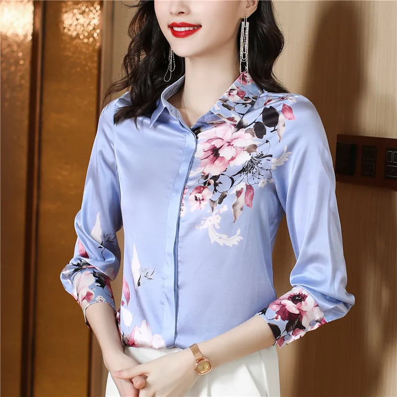 Rétro Floral Élégant Bleu Chemise De Luxe En Satin De Soie Femmes Designer Blouses À Manches Longues 2023 Automne Hiver Chic Revers Classique Boutonné Chemises Bureau Dames Piste Hauts