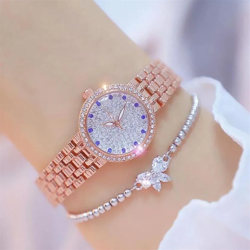 Armbandsur 2021 BS Bee Sister Diamond Quartz Luxury Watch Woman Rose Gold Ladies rostfritt stål Vattentät handskristall Unique3109