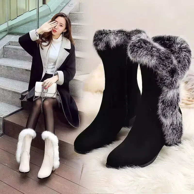 Botas de invierno para mujer, botas de nieve cálidas con pelo de conejo, moda Sexy, cómodas, cálidas, hermosas, zapatos de algodón de tubo medio