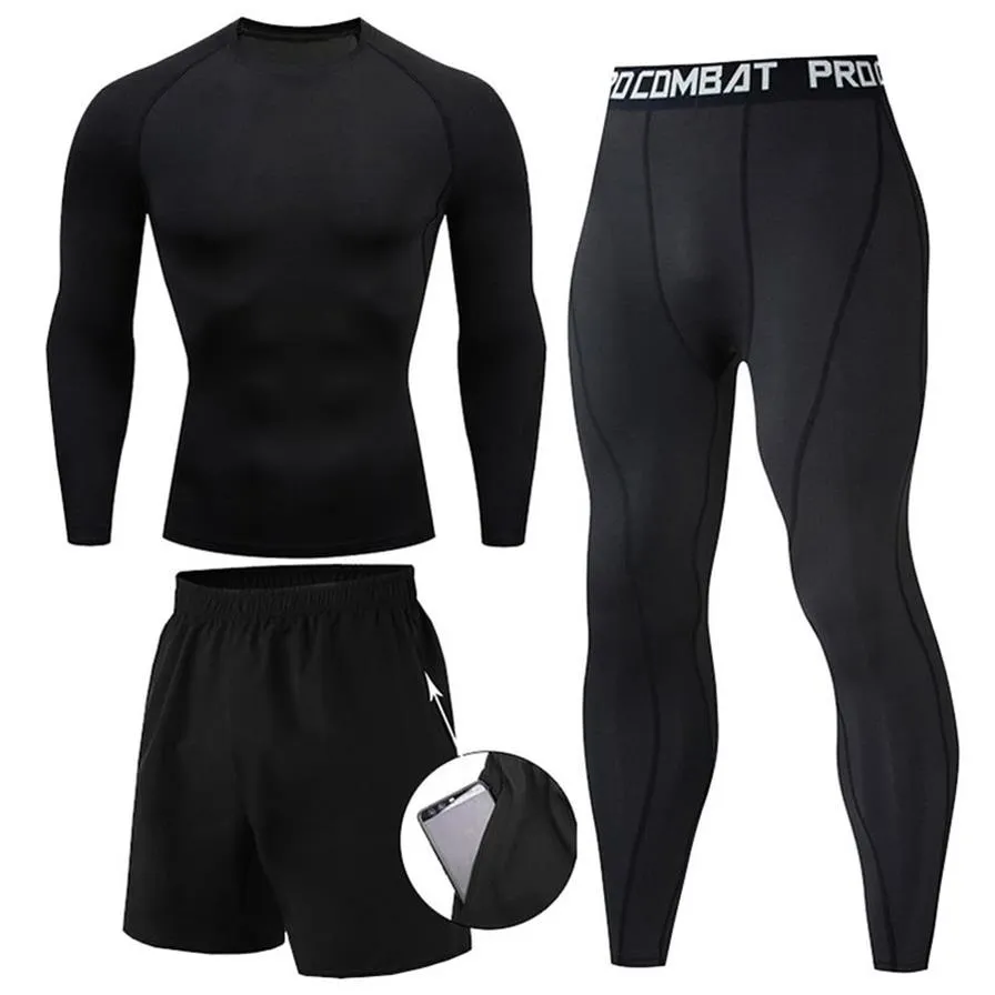 T-shirts hommes 23pcs ensembles costume de boxe rashguard kit mâle MMA vêtements de compression hommes t-shirt à manches longues leggings survêtement 271S