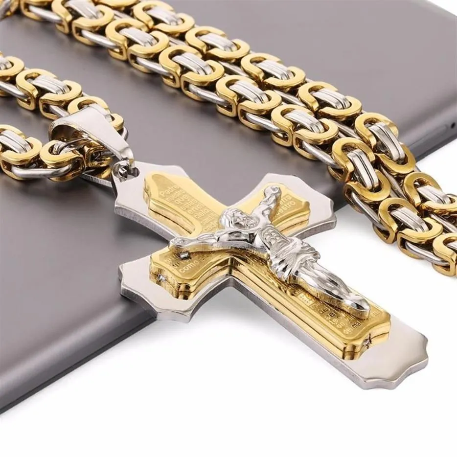 Multilayer Cross Christ Jesus Pendant Necklace Stainless Steel Link Byzantine Chain Heavy Men Jewelry Gift 21 65 6mm MN78187R