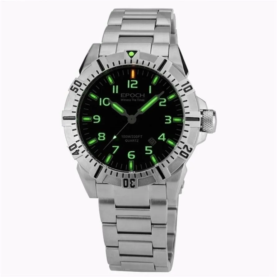 EPOCH – montre à quartz avec bracelet en acier, étanche à 100m, tubes à gaz tritium, lumineux, sport, plongée, T200112283B