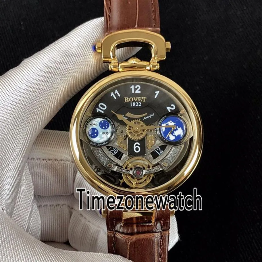 BOVET AMADEO FLEURIER GRAND COLTIANS EDOUARD TOURBILLONイエローゴールドケースブラックスケルトンダイヤルスイスクォーツメンズウォッチブラウンle206x