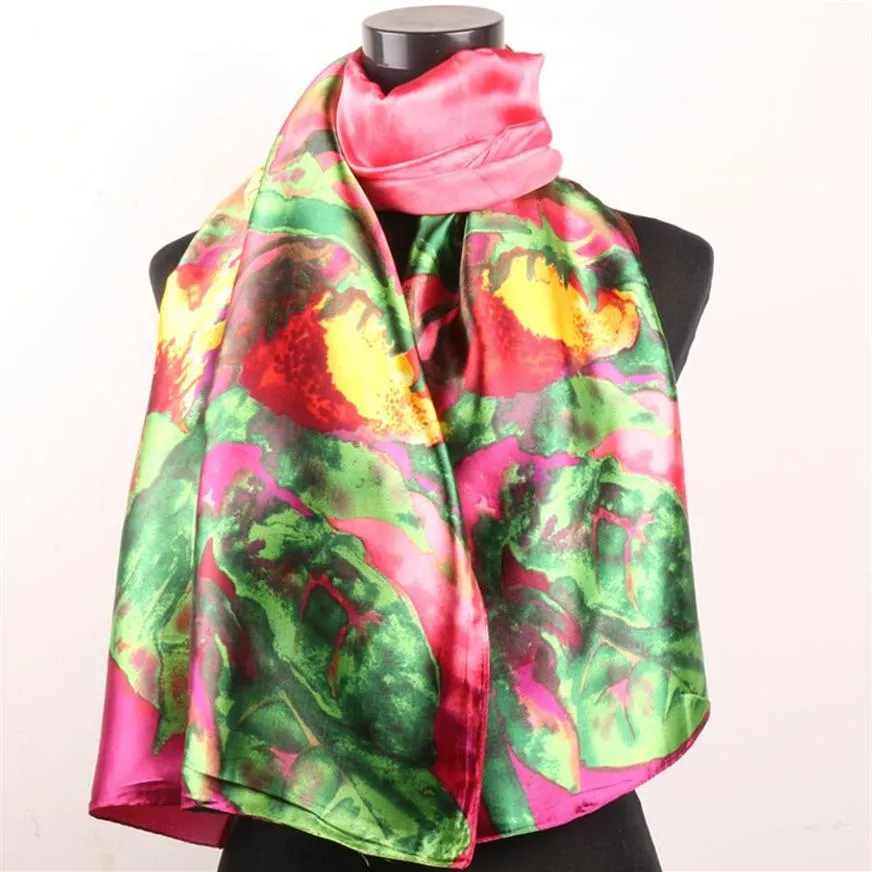 Blumen Grüne Blätter Rosa Damenmode Satin Ölgemälde Schals Langer Wickelschal Strand Seidenschal 160X50cm210o