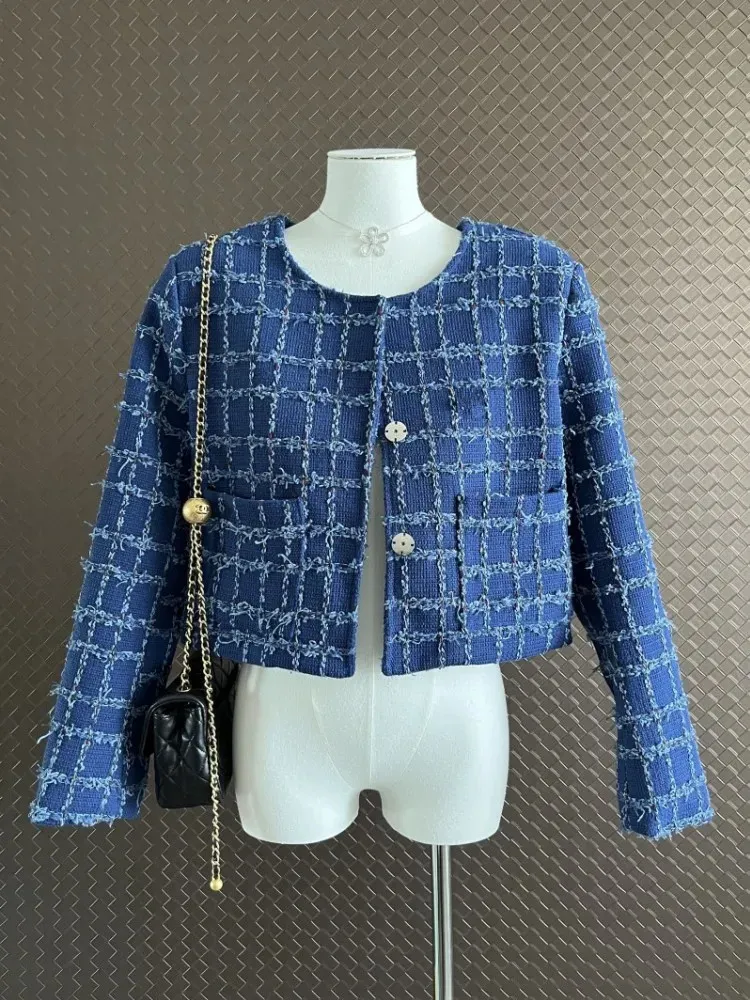 Womens Hoodies Sweatshirts High Street Small Fragrant Tweed Blue Plaid Coats Tassels Jacket Clothes Female Chic Outwear Top Casaco Overcoat 231005