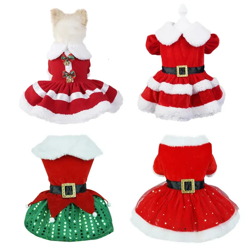 Cão vestuário vestidos de Natal para cães pequenos gatos outono inverno ano clássico vermelho cinto xmas roupas filhote de cachorro roupa chihuahua yorkie saia 230928