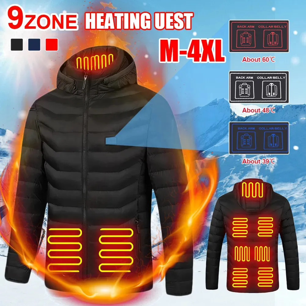 Herren-Daunenparkas, 9 Bereiche, beheizte Jacken, elektrische Thermojacke mit 3 Temperatureinstellungen, warmer Wintermantel für Männer und Frauen, 231005