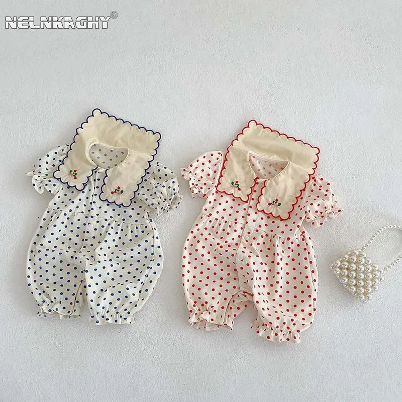 ROMPERS I SOMMER PULD SLEEVE DOT EBRODERY Flower Ruffles Outfits Spädbarn Barn Baby Girls Jumpsuits Född bomull Romper 231005