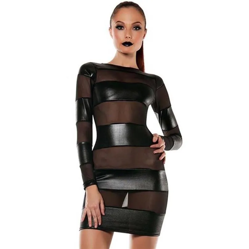 Casual klänningar sexiga kvinnor våt utseende pvc mesh insats bodycon clubwear mode svart långärmad vinyl läder klänning vestidos kleid r217p