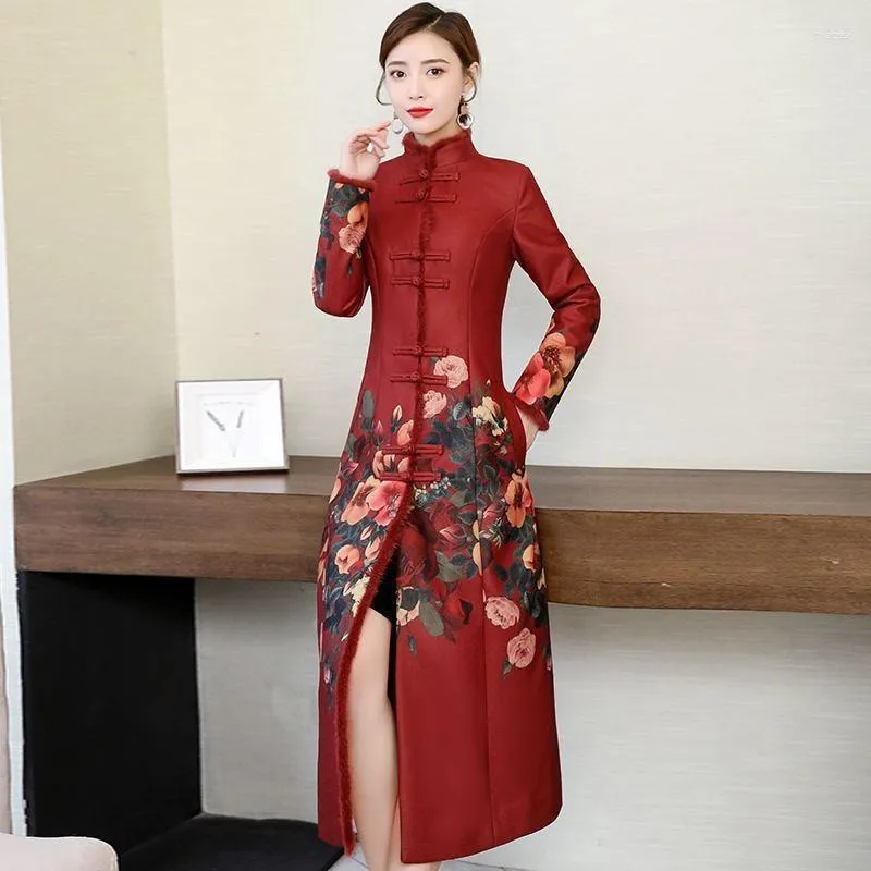 Vêtements ethniques Style chinois Épaissir Veste Mi-longueur Vintage Automne Hiver Chaud Femmes Casual Oriental Tang Costume Impression Slim Manteau Rouge